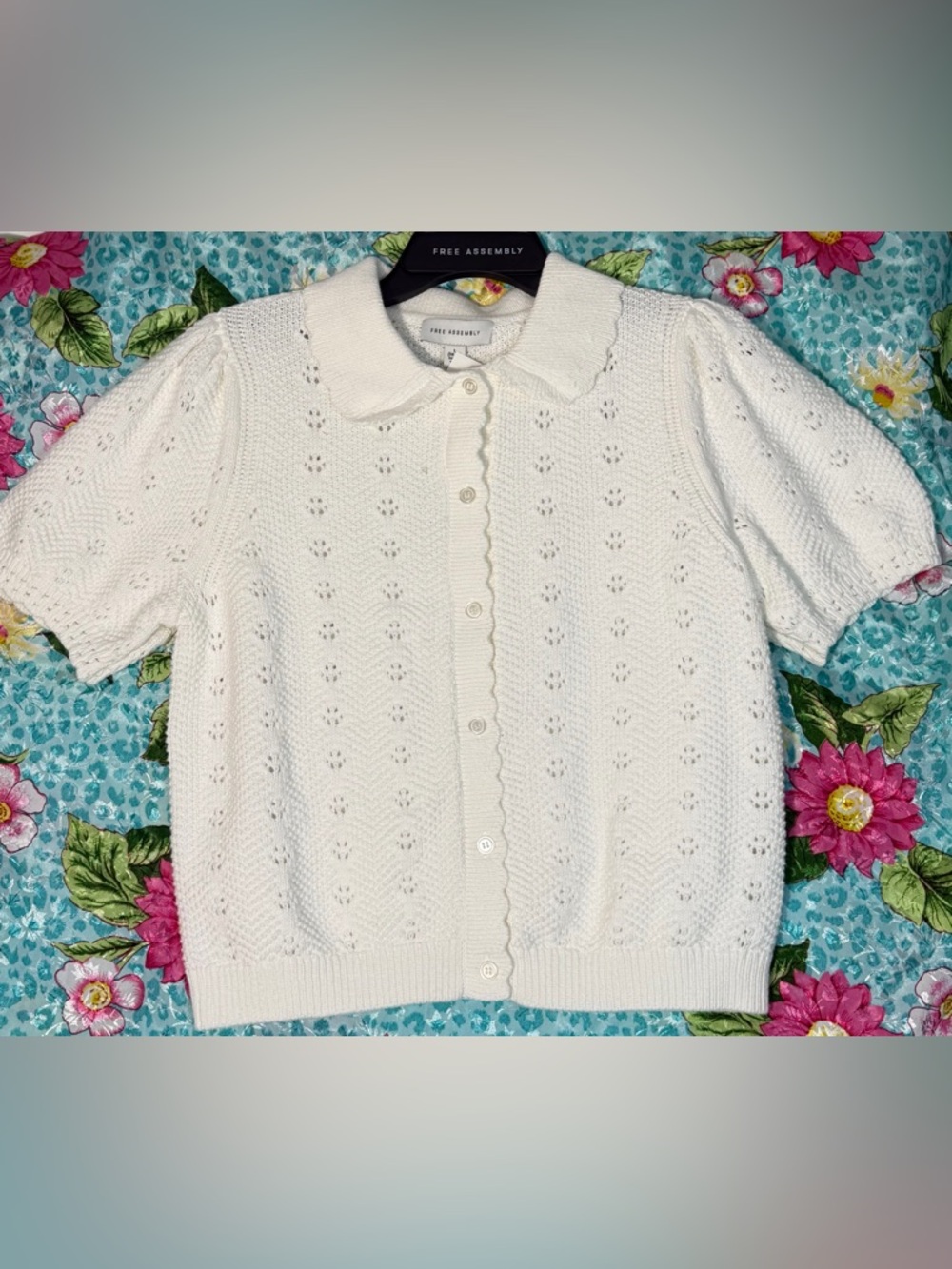 Women's White Short-Sleeve Knit Button-Down Cardigan - Picture 3 of 16